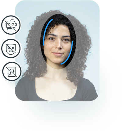 Woman having face biometrically scanned with icons of a robot, a mask and a photo