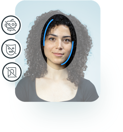 Liveness detection Woman having face biometrically scanned with icons of a robot, a mask and a photo