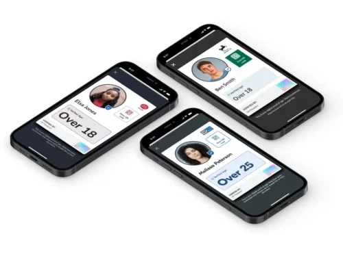 Three smartphone screens displaying an "age over" attribute for each user on the Post Office EasyID, Lloyds Bank Smart ID, and Yoti ID apps
