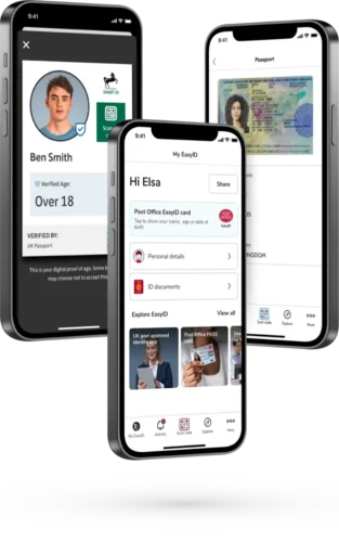 Three smartphone screens displaying an "age over" atribute in the Lloyds Bank Smart ID app, the homepage in the Post Office Easy ID app, and the passport details page in the Yoti ID app.