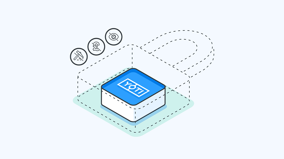 An illustration of a padlock with the Yoti logo sitting at the centre. Alongside this are three smaller icons showing that the app is free (represented by a pound sign that has been crossed out, cannot be hacked (represented by a pickaxe that has been crossed out) or seen by any third parties (represented by an eye that has been crossed out).