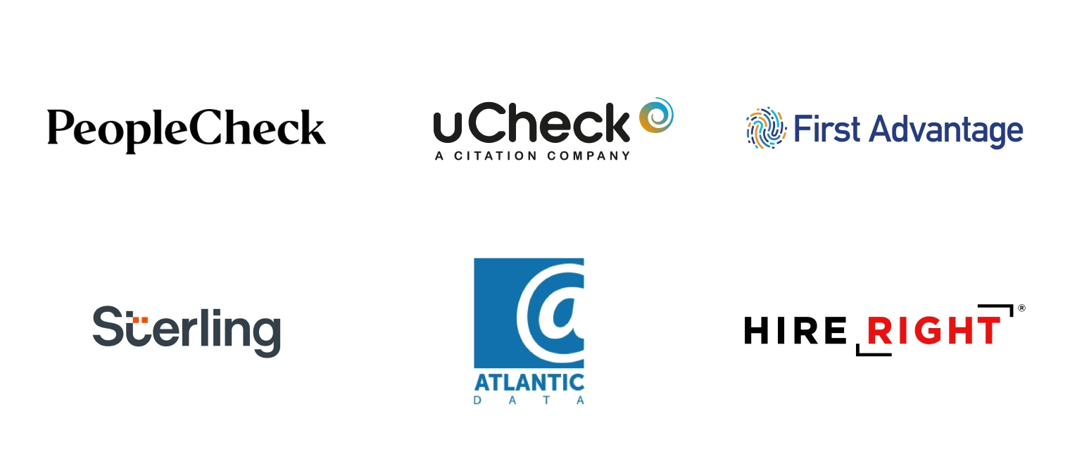A compilation of 6 logos. In order, they are of the following organisations: PeopleCheck, uCheck, First Advantage, Sterling, Atlantic Data and Hire Right