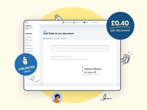 Illustration of the Document builder in the Yoti eSign platform, overlayed with a price sticker of 40 pence per document and an "unlimited users" sticker