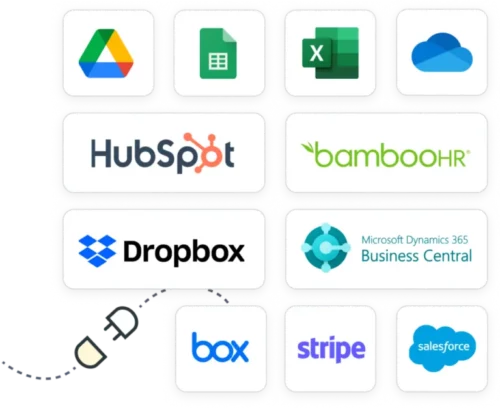 Logos of software that Yoti's eSignatures solution integrates with including Google Drive, Google Sheets, Microsoft Excel, Sharepoint, HupSpot, Bamboo HR, Dropbox, Microsoft Dynamics 365 Business Central, Box, Stripe and Salesforce