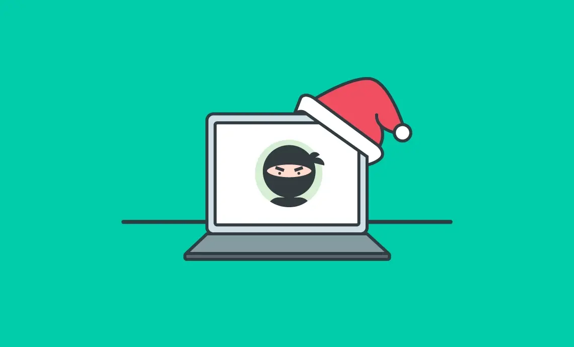 An illustration of a balaclava-wearing criminal on a laptop screen, with a Christmas hat positioned on top of the laptop