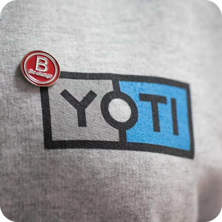 Yoti hoodie with a B Corps pin