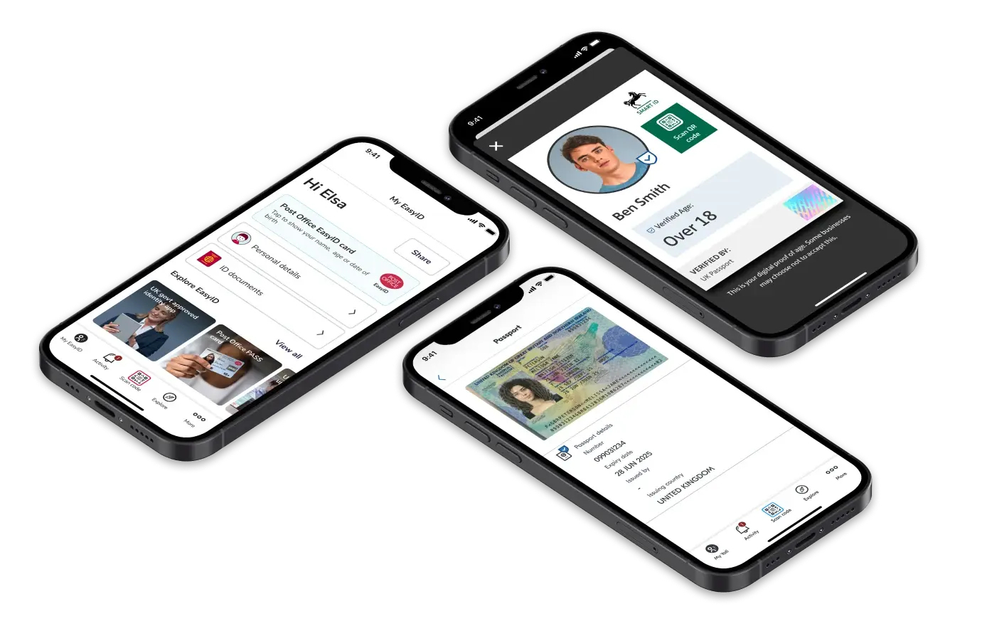 Three smartphone screens displaying the homepage in the Post Office Easy ID app, the passport details page in the Yoti ID app, and an "age over" atribute in the Lloyds Bank Smart ID app.