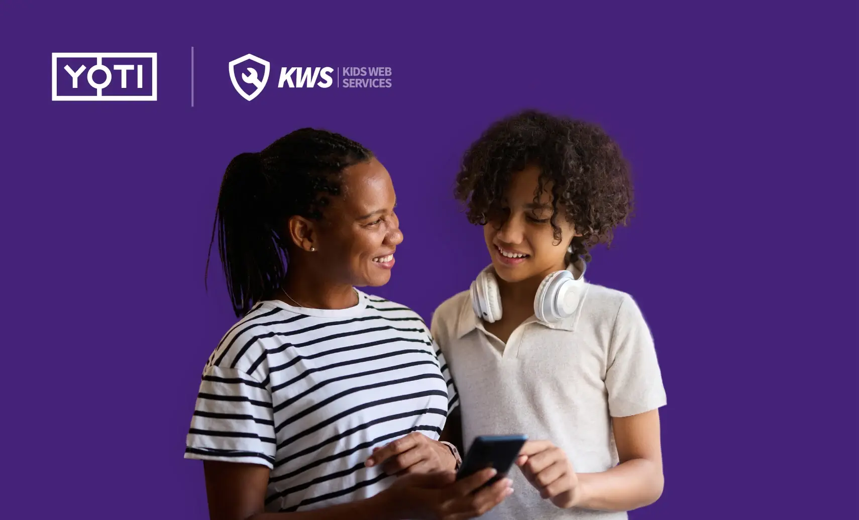 2 children using a smartphone with a puple background and Yoti and KWS logo lockup