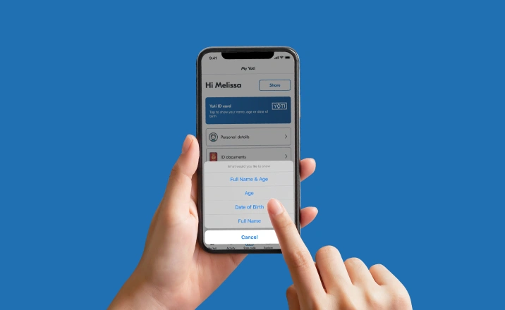 Screen showing how to select a showable card to prove age, full name and date of birth in Yoti ID