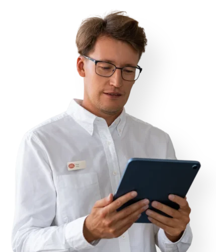 Post office postmaster holding a tablet