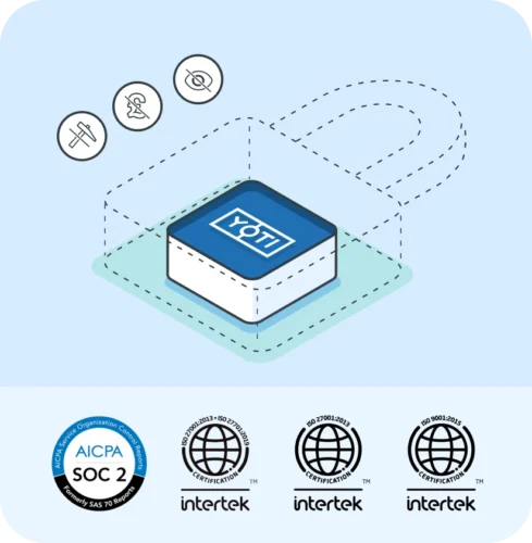 Security padlock illustration with SOC2, ISO 27001, ISO 9001, ISO 27701 security logos