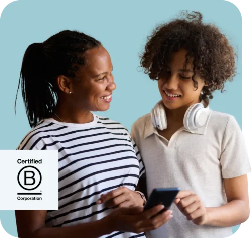 Woman and son looking at smartphone together overlayed with Ceritifed B Corporation logo