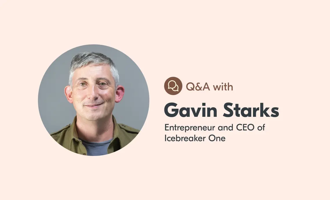 A headshot of Yoti Guardian, Gavin. The accompanying text reads "Q&A with Gavin Starks - Entrepreneur and CEO of Icebreaker One".