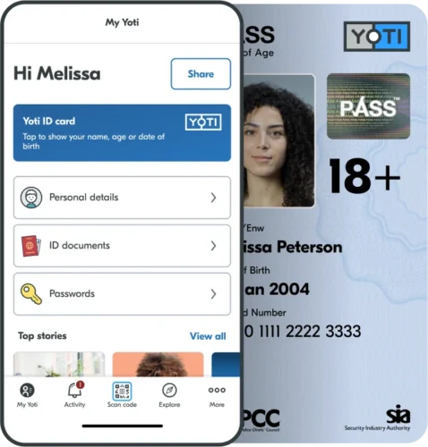 Yoti ID home screen and Yoti Pass scheme proof of age screen