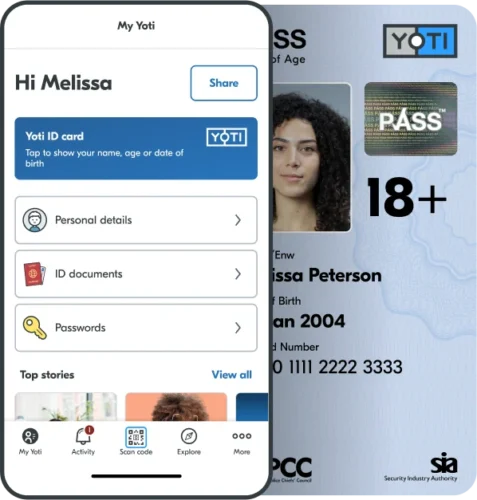 Yoti ID home screen and Yoti Pass scheme proof of age screen