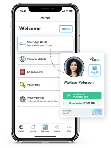 Screen showing how to show verified credentials in the Yoti ID app, such as the AgeUK volunteer ID card