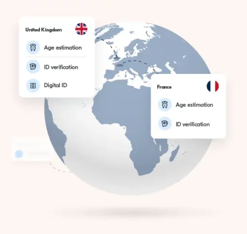 A globe indicating services for age estimation, id verification and digital ID in the United Kingdom and France