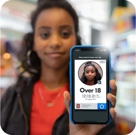 Agecheck_compr Woman showing Yoti identity verification screen to prove that she is over 18