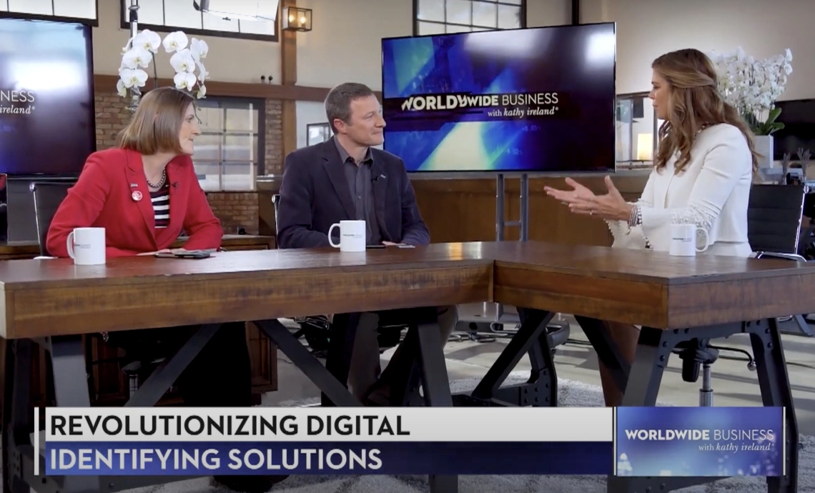 Julie Dawson, Yoti's Chief Policy & Regulatory Officer, and Robin Tombs, Yoti's Co-founder and CEO, during a televised interview with Kathy Ireland discussing revolutionising digital identifying solutions