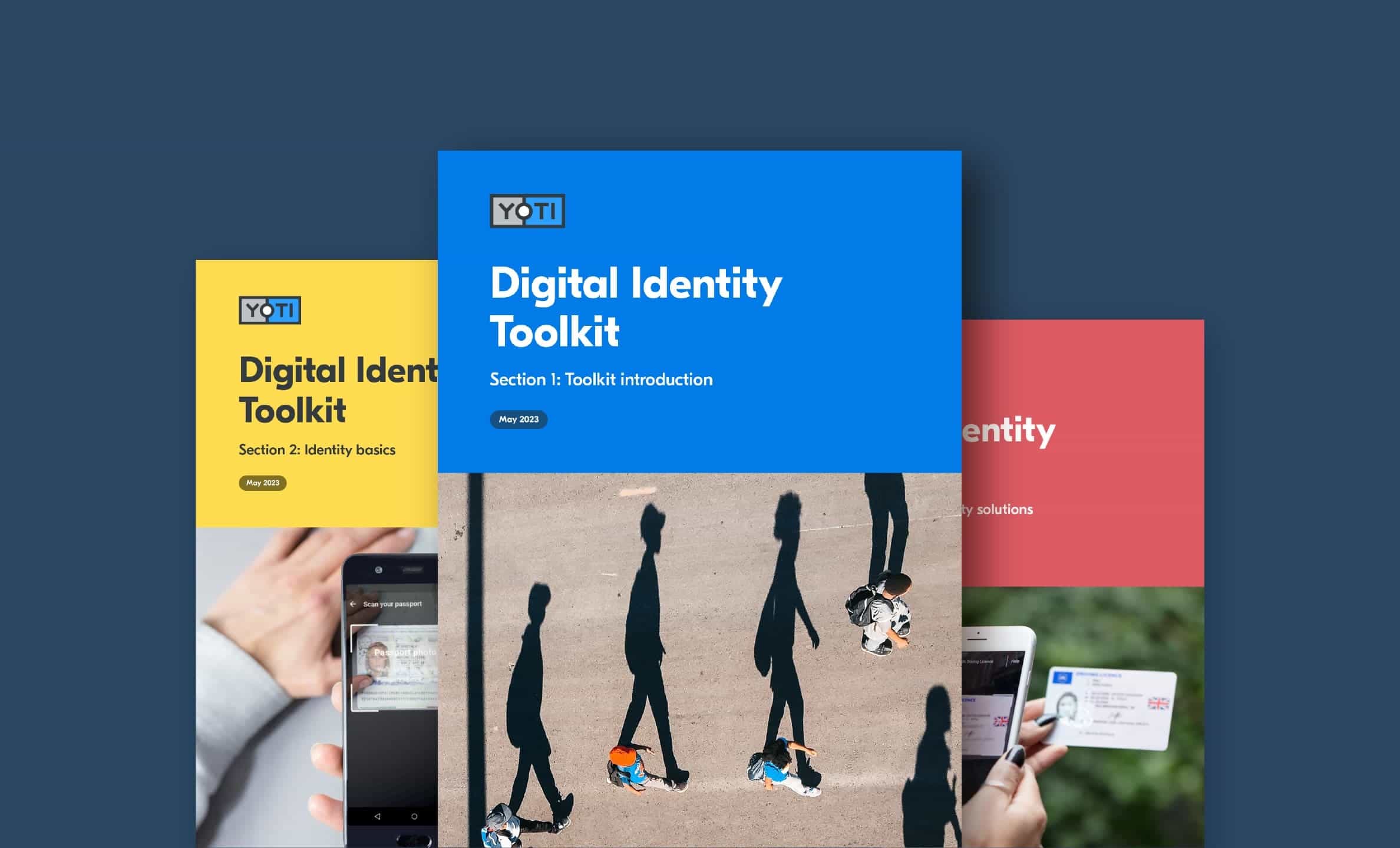 Front covers for three of the sections of the Yoti digital identity toolkit