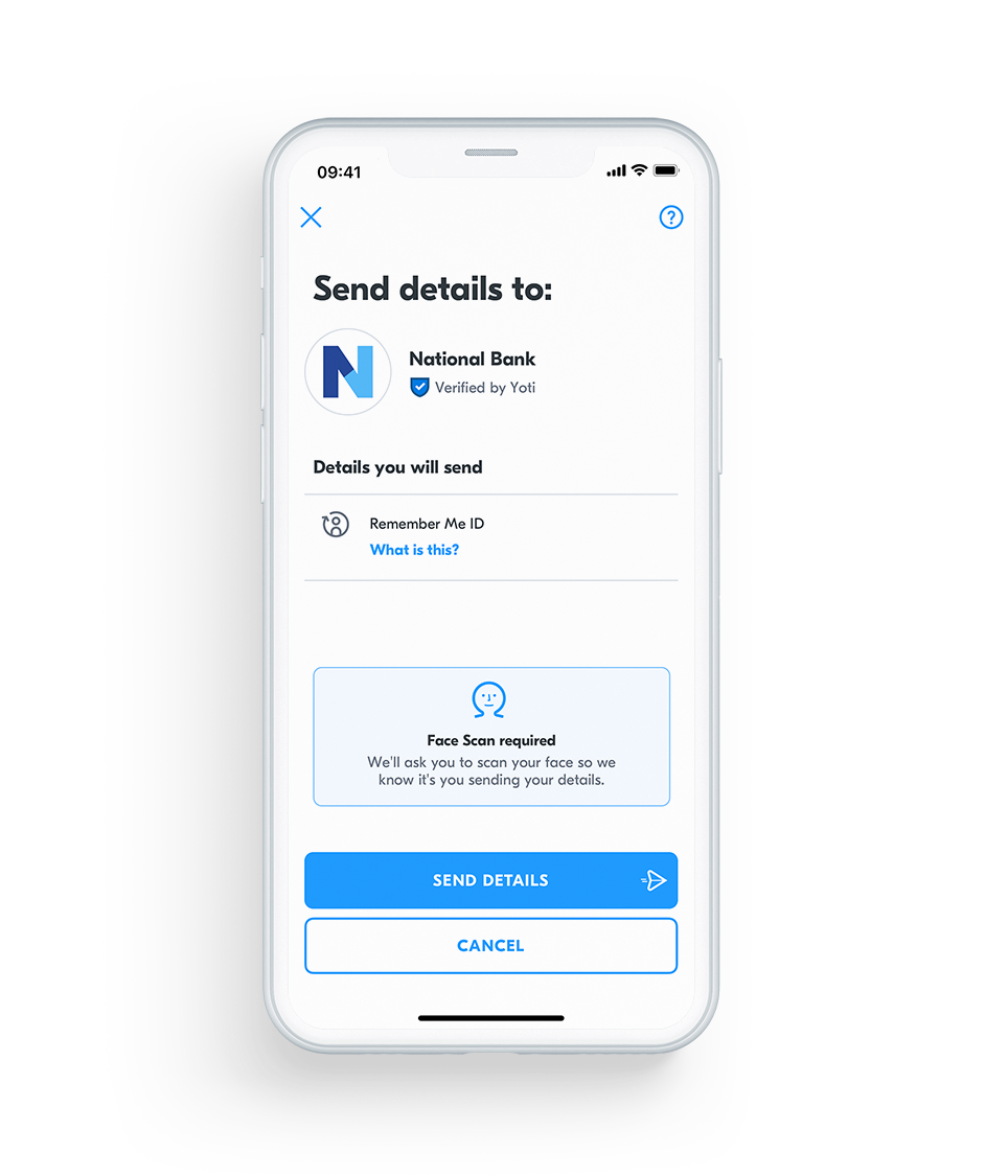Yoti app showing how a user sends a remember me ID to National Bank with biometric authentication