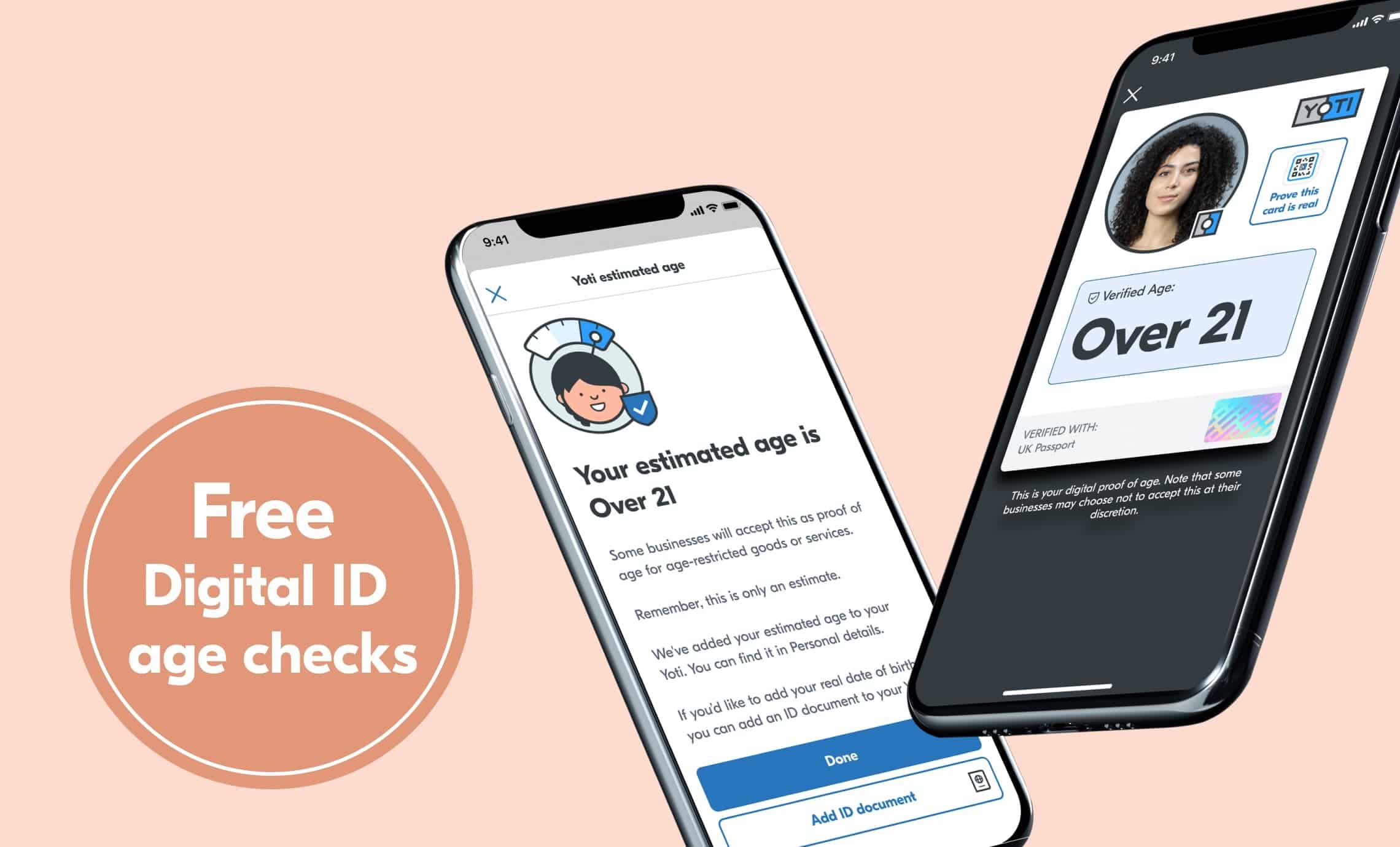 Free digital ID age checks poster with two smartphones showing two methods of age checks: Age estimation and Digital ID verified "age over" attributes