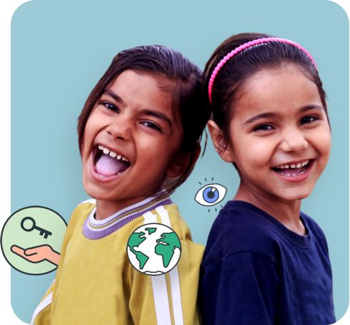 Two young girls back to back smiling with illustrated icons of a globe, a key and an eye