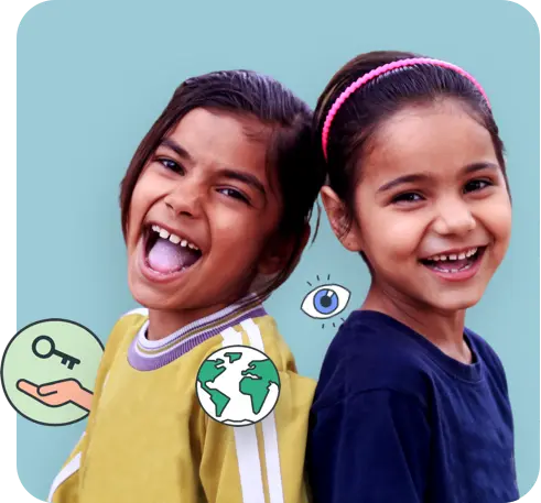 Home_tech_for_good_compr Two happy young girls stood back to back