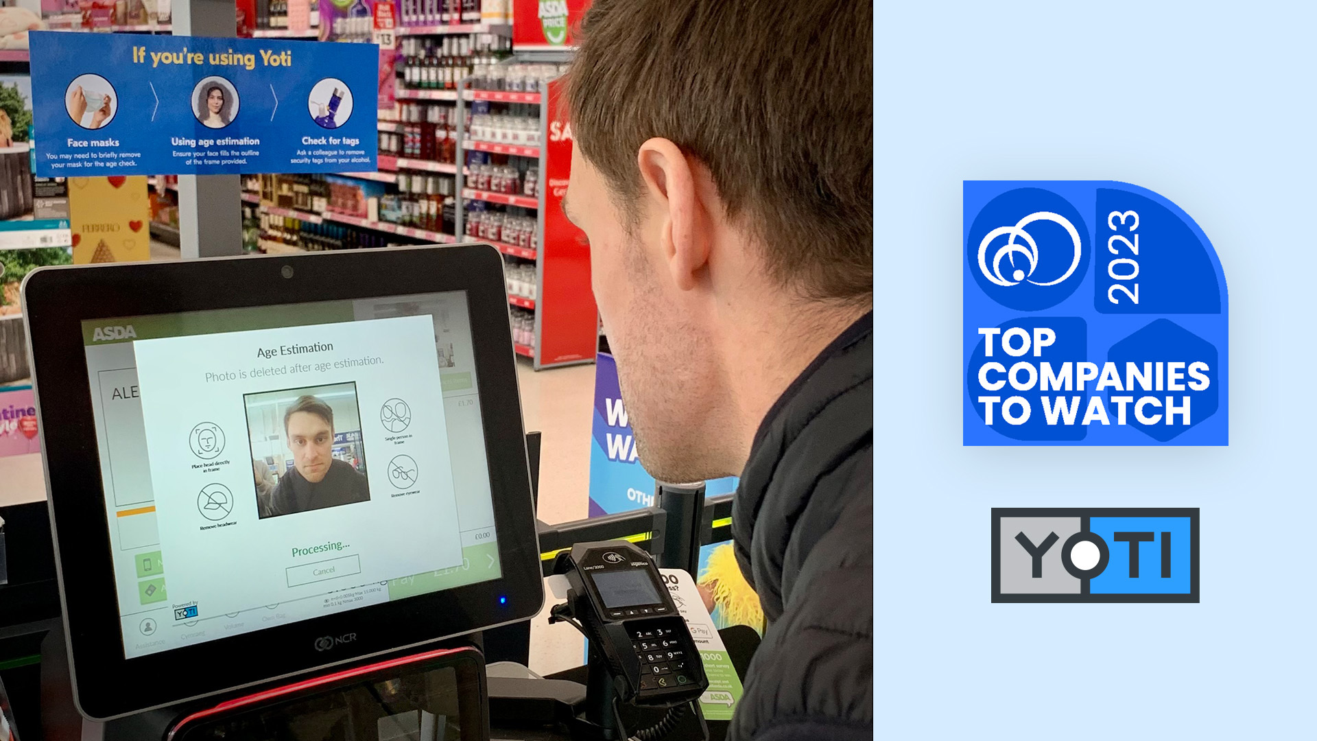 Image of male using Facial Age Estimation at a self checkout terminal and a banner saying that Yoti has been listed as one of Liminal's 2023 Top companies to watch