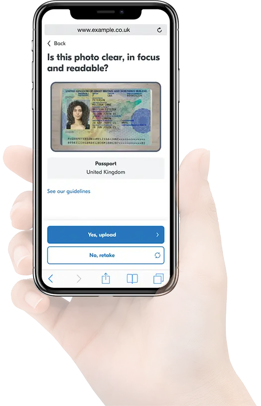 Woman uploading her identity document to verify her identity for an example business