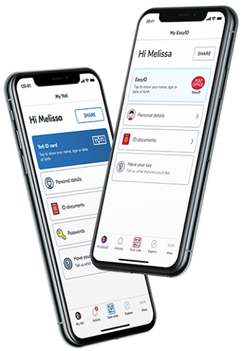 Two mobile phones showing the homepage of Yoti ID and Post Office EasyID apps