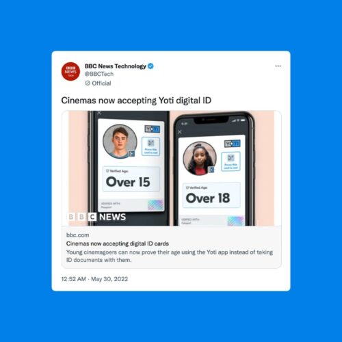 A Tweet from the BBC News team announcing that UK cinemas now accept our digital ID apps