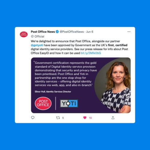 Tweet by the Post Office News team that announces that we’re the first certified identity service provider to perform digital; Right to Work, Right to Rent and criminal records checks.
