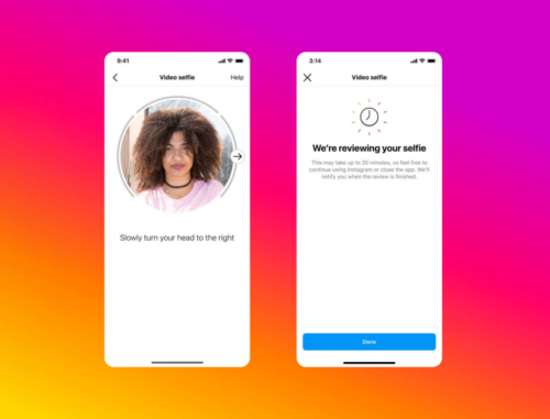 Two mobile screens showing the user journey of Instagram’s “Video Selfie” age verification powered by Yoti age estimation technology