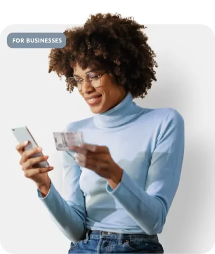 Woman adding driving licence to her digital ID with additional text saying "for businesses"