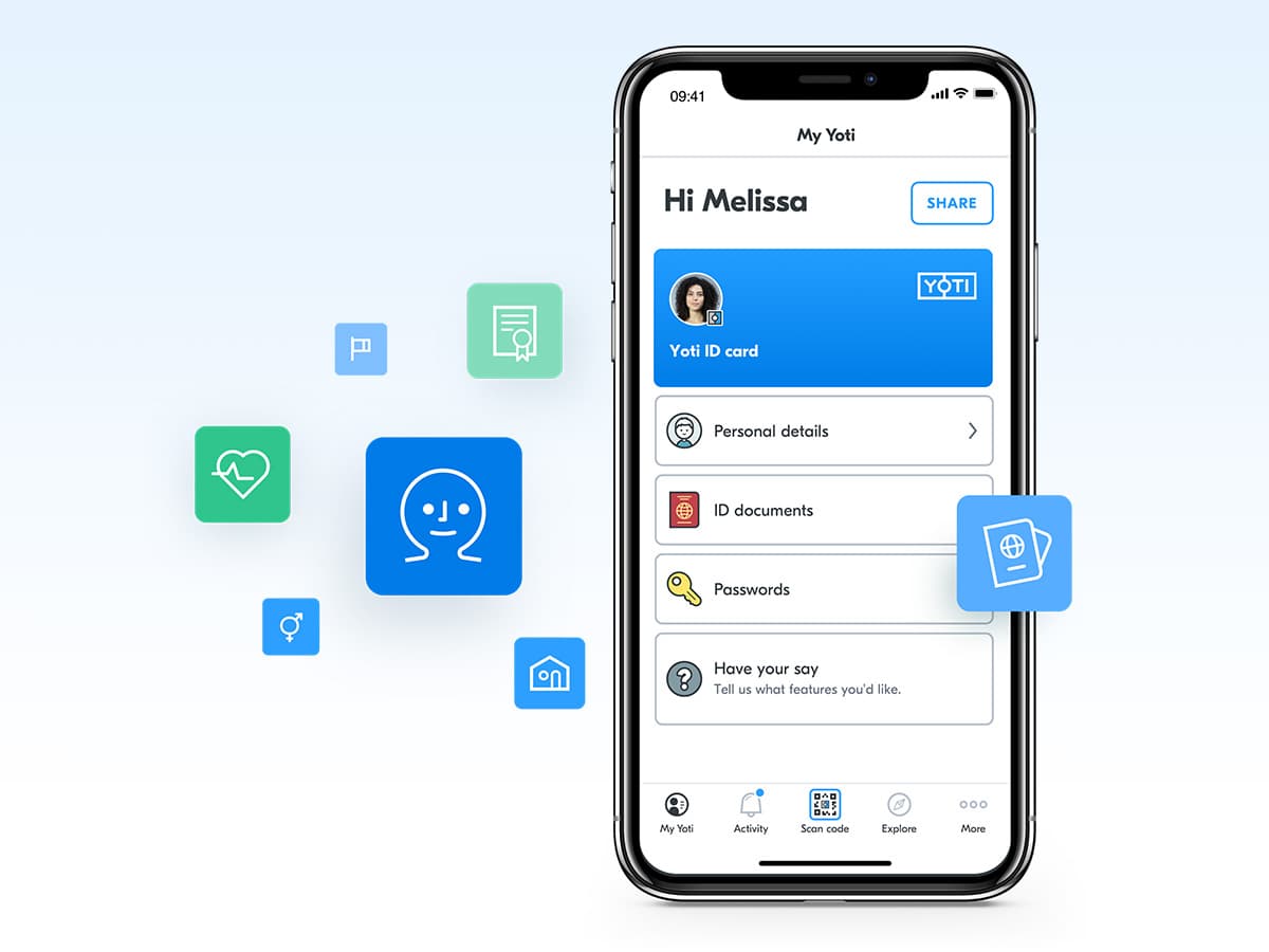 Yoti app homescreen surrounded by icons of passport, face, heart, certificates